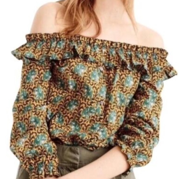 J. Crew Ratti Elephant Off Shoulder Ruffle Blouse - Size 6 - Picture 2 of 15